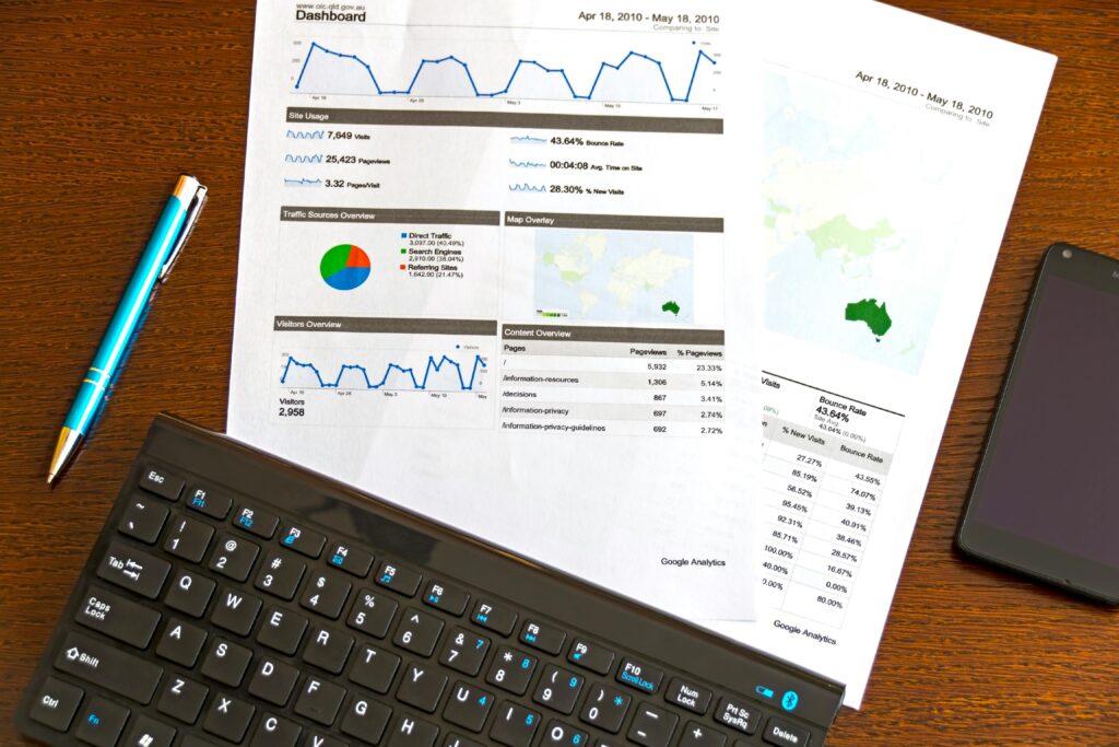 Flatlay of a business analytics report, keyboard, pen, and smartphone on a wooden desk.